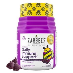 Zarbee’s Kids Elderberry Immune Support Supplement Gummies, Vitamins A C D3 E & Zinc, Elderberry Extract, Gluten & Gelatin Free, No Artificial Flavors, Natural Berry Flavor, Ages 2+, 42 Ct