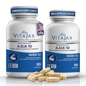 VITAJAX, ADK 10 - Vitamin ADK Supplement, 180 Capsules - High Potency Vitamin A, D3(10,000 IU) K2 as MK-7 for Bone, Heart & Calcium Absorption – Non-GMO, Gluten Free (6 Month Supply) 2 Pack