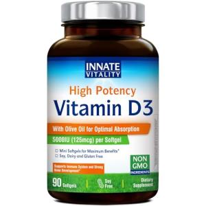 Innate Vitality Vitamin D3 5000 IU (125 mcg), High Potency Vitamin D, Non-GMO, No Soy or Gluten, in Olive Oil, Mini Softgels, 90 Count