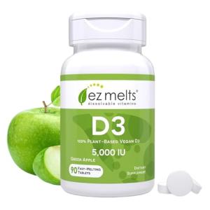 EZ Melts Dissolvable Vitamin D3 5,000 IU - Vegan Vitamin D Supplement for Bone & Teeth Support - No Artificial Flavors - Plant-Based & Non-GMO - Green Apple - 90 Dissolvable Tablets (90 Servings)