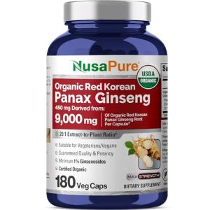 NusaPure Red Korean Panax Ginseng 20:1 Extract, 450 mg Equivalent to 9,000 mg 180 Veggie Caps (USDA Organic, Non-GMO, Vegan, Vegetarian, Bioperine)