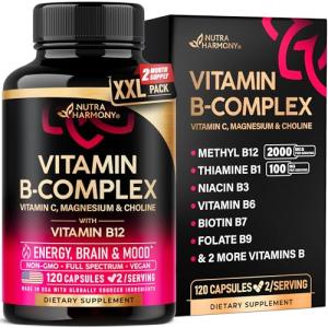 Vitamin B Complex for Men & Women - Made in USA - B-Complex: B1, B2, B3, B5, B6, B7, B8, B9, B12 with Vitamin C, Choline, Inositol - Energy, Brain & Heart Support Supplement, 120 Vegan Capsules