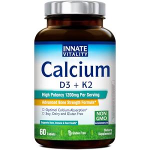Innate Vitality Calcium Supplement, 1200 mg High Potency with 5000 IU Vitamin D3 & K2 MK7, Enhanced Absorption, for Bone Density, Strength & Immunity, Non-GMO, Easy to Swallow, 60 Tablets