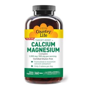 Country Life Target-Mins Calcium Magnesium Supplement for Bone Health, 1000mg Calcium, 500mg Magnesium, Gluten Free, 2:1 Ratio for Optimal Utilization