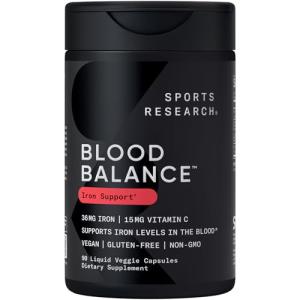 Sports Research® Blood Balance Iron Supplement - 36 MG Iron + Folate & Vitamin C for Absorption - Red Blood Cell Support for Women & Men* - Vegan Certified · Non-GMO · Gluten-Free - 90 Capsules