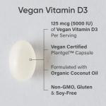 Sports Research Vegan Vitamin D3 5000IU (125 mcg) with Coconut Oil | 100% Plant-Based Vitamin D for Bone, Joint & Immune Support | Carrageenan Free, Vegan Certified & Non-GMO Verified (60 Softgels)