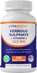 Vitamatic Ferrous Sulfate 325 mg with Vitamin C 100 mg (65 mg Elemental Iron) – High Potency Iron Supplement – No Artificial Colors – 250 Coated Tablets, Made in USA