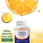 Vitamatic Ferrous Sulfate 325 mg with Vitamin C 100 mg (65 mg Elemental Iron) – High Potency Iron Supplement – No Artificial Colors – 250 Coated Tablets, Made in USA