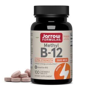Jarrow Formulas Ultra Strength Methyl B-12, Dietary Supplement for Cellular Energy Production, 100 Tropical-Flavored Chewable Tablets, Up to a 100 Day Supply