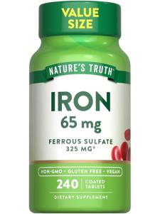 Nature's Truth Iron Tablets 65mg | 240 Count | 325mg Ferrous Sulfate | Vegan, Non-GMO & Gluten Free Supplement