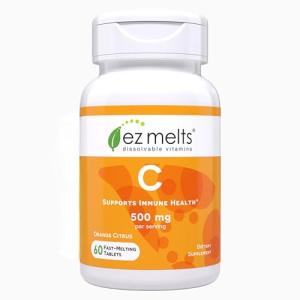 EZ Melts Vitamin C - Daily Vitamin for Antioxidant & Immune Support - No Artificial Flavors - Non-GMO & Sugar-Free - Orange Citrus - 60 Dissolvable Tablets (30 Servings)