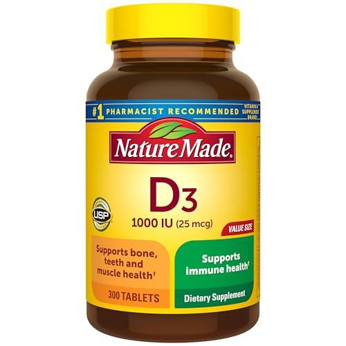 Nature Made Vitamin D3 1000 IU (25 mcg), Vitamin D Supplement for Bone, Teeth, Muscle and Immune Health Support, 300 Tablets, 300 Day Supply