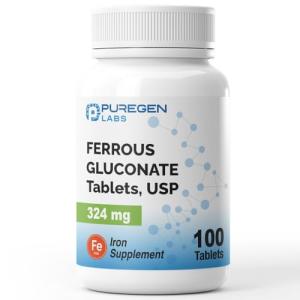 Puregen Labs Ferrous Gluconate 324 mg [High Potency] Iron Supplement, Gentle on Stomach - 100 Tablets