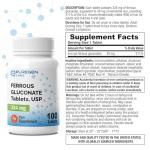 Puregen Labs Ferrous Gluconate 324 mg [High Potency] Iron Supplement, Gentle on Stomach - 100 Tablets