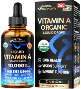 USDA Organic Vitamin A 10000 IU - Vitamin A Supplement Liquid Drops - Extra Strength for Skin Health, Eyes & Immune Support - Orange Flavour - Vegan & Sugar-free, Made in USA - 2 Fl Oz, 240-Day Supply