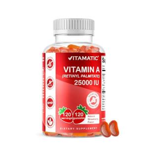 Vitamatic Sugar Free Vitamin A 25000 IU Gummies (Retinyl Palmitate) - Natural Strawberry Flavor - 120 Pectin Based Gummies (1 Bottle)