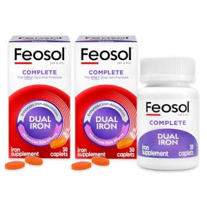 Feosol Complete Iron Supplement Caplets, Bifera Iron for High Absorption, Heme and Non-Heme Dual Action Minimizes Side Effects, 1 Per Day, Energy and Immune System Support, Pack of 2, Total 60 Count