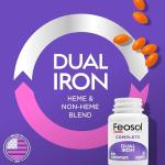 Feosol Complete Iron Supplement Caplets, Bifera Iron for High Absorption, Heme and Non-Heme Dual Action Minimizes Side Effects, 1 Per Day, Energy and Immune System Support, Pack of 2, Total 60 Count