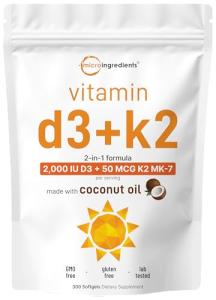 Micro Ingredients Vitamin D3 2,000 IU + K2 MK-7 50 mcg, 300 Softgels | Virgin Coconut Oil | 2-in-1 Support | Easy to Swallow, Non-GMO