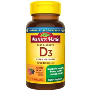 Nature Made Vitamin D3 5000 IU (125 mcg) Extra Strength, Vitamin D Supplement for Immune Support, 70 Sugar Free Fast Dissolve Tablets, 70 Day Supply