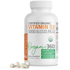 Bronson Vitamin D3 5,000 IU (125 mcg) Certified Organic High Potency Non-GMO Vitamin D Supplement, 360 Tablets