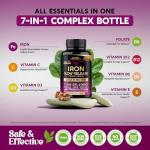 Iron Supplement for Women - Iron 65mg (Ferrous Sulfate 325mg) - Stomach Friendly | Slow Release Iron | High Absorption - Vitamins C, D3, B6, B12 & Folate - Iron Level & Energy Support - 120 Capsules