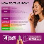 Iron Supplement for Women - Iron 65mg (Ferrous Sulfate 325mg) - Stomach Friendly | Slow Release Iron | High Absorption - Vitamins C, D3, B6, B12 & Folate - Iron Level & Energy Support - 120 Capsules