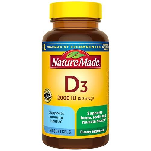 Nature Made Vitamin D3 2000 IU (50 mcg), Vitamin D Supplement for Bone, Teeth, Muscle and Immune Health Support, 90 Softgels, 90 Day Supply