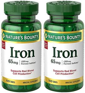 Nature's Bounty Iron 65 mg (325 mg Ferrous Sulfate), 2 Bottles (100 Count)