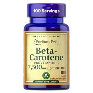 Puritan's Pride Beta Carotene Provitamin A 7,500mcg (25,000 IU), Vitamin Supplement for Immune System, Antioxidant and Eye Health Support, 100 Day Supply, 100 Rapid Release Softgels
