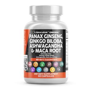 Clean Nutraceuticals Panax Ginseng Ginkgo Biloba Ashwagandha Maca Root - Focus Supplement Pills for Women and Men with Pine Bark Extract, Garlic, and Saw Palmetto - 60 Caps