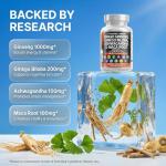 Clean Nutraceuticals Panax Ginseng Ginkgo Biloba Ashwagandha Maca Root - Focus Supplement Pills for Women and Men with Pine Bark Extract, Garlic, and Saw Palmetto - 60 Caps