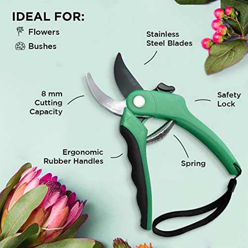 Nevlers 8" Bypass Pruning Shears for Gardening | Professional Plant Clippers with Stainless Steel Blades | 8mm Cutting Capacity Hand Pruners | Ergonomic Rubber Grip, Protective Lock & Spring