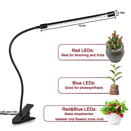 Grow Light for Indoor Plant Growing LED Grow Light Single Heand 9 Dimmable Settings, Horizontal Plant Growth Lamp for Indoor Plants with Red/Blue Spectrum, Adjustable Gooseneck, 3/9/12H Timer (Blue)