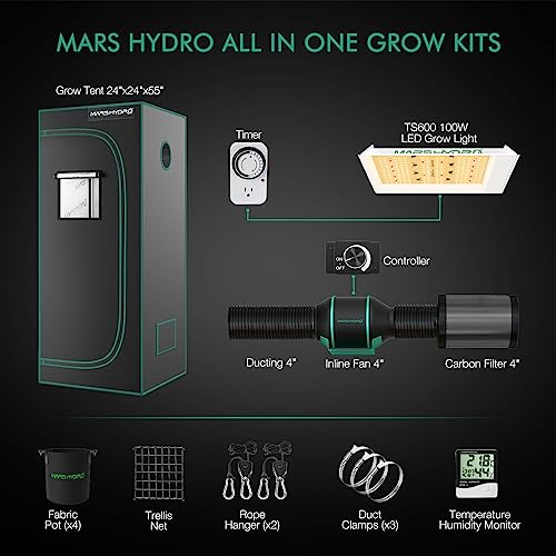 MARS HYDRO 2x2 Grow Tent Kit for New Grower TS600 LED Grow Light Full Spectrum Indoor Grow Kit 24"x24"x55" Hydroponics Grow Tent 1680D Canvas with 4” Ventilation System