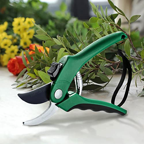 Nevlers 8" Bypass Pruning Shears for Gardening | Professional Plant Clippers with Stainless Steel Blades | 8mm Cutting Capacity Hand Pruners | Ergonomic Rubber Grip, Protective Lock & Spring