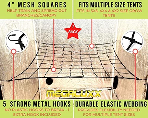 MEGALUXX Single Layer Grow Tent Trellis Net for 4x4/5x5 & 4x2 Grow Tents (4" Mesh)