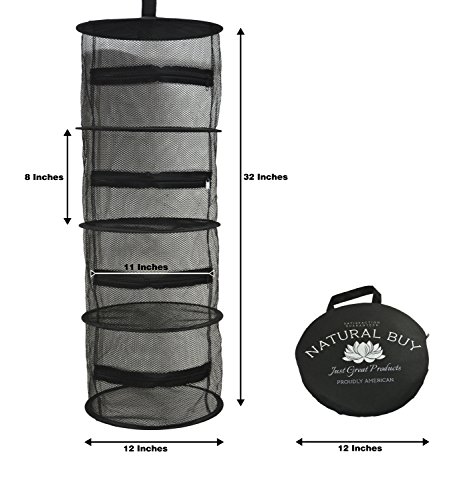 12" Diameter Drying Rack 4 Level Compact Hanging Plant Dry Net (no Twisting) - Black Mesh Screen w/ Zipper for Each Level - Indoor & Outdoor Use in Closets, Grow Tents, Apartments, Small Spaces