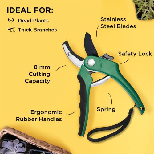 Nevlers Gardening Hand Tools, 8" Anvil Pruning Shears | Stainless Steel Garden Shears with 8mm Cutting Capacity | Heavy Duty Garden Pruners Hand Clippers with Rubber Grip, Protective Lock & Spring