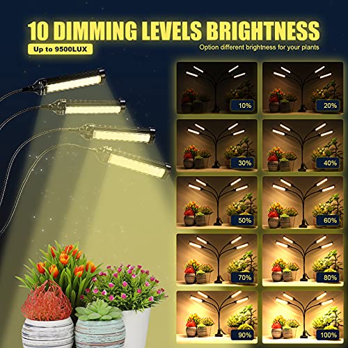 Grow Lights for Indoor Plants, Aluminum Alloy Clip-on Full Spectrum Plant Grow Lights with 200 LEDs, 10 Dimmable Levels, 4/8/12H Timer, 4 Switch Modes, for Various Plants Growth Seed Starting