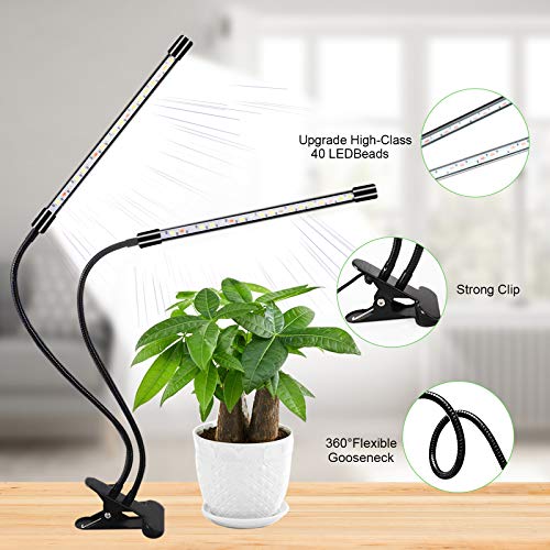 YZIXNUY Grow Light for Indoor Plants, 40 LED Plant Growing Lamp with Full Spectrum, Dual Head Clip-on Plant Lights with 5 Levels Dimmable Brightness & 4/8/12H Timer for Succulent, Small Plants
