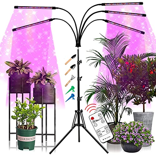 Gardguard Plant Grow Light with Tripod Stand 5-Head Full Spectrum with Red Blue Plant Lights, 10 Dimmable Brightness, Individual Control Plant Lamp with Auto on/Off 4, 8, 12 Timing for Indoor Plants