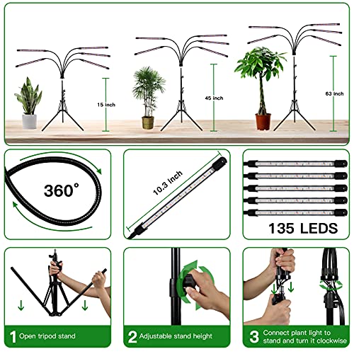 Gardguard Plant Grow Light with Tripod Stand 5-Head Full Spectrum with Red Blue Plant Lights, 10 Dimmable Brightness, Individual Control Plant Lamp with Auto on/Off 4, 8, 12 Timing for Indoor Plants