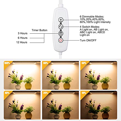 MADAXY Grow Light Strip, 4 Pack Full Spectrum Led Grow Light for Indoor Plants with Auto On/Off Timer, 3/6/12H Timer, 192 LEDs, 6 Dimmable Modes, Sunlike Grow Light for Seedings Hydroponics