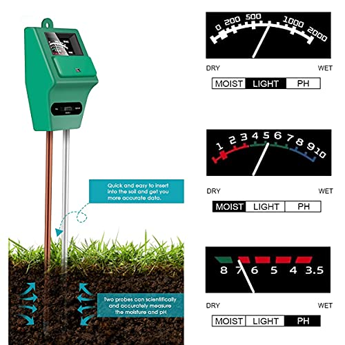 AdiayhShop Soil pH Meter 3-in-1 Soil Tester Moisture, Light, pH, Meter Tool for Garden, Farm, Plant, Outdoor, Indoor, Lawn Care, Water Soil, Soil Hygrometer Sensor for Gardening, Test Kit for Garden