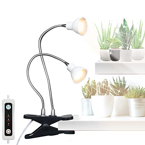 Aceple LED Grow Light, Dual Head Desk Clip Lamp for Indoor Plants with Full Spectrum, Adjustable Gooseneck and Timer Setting(6/10/12H)