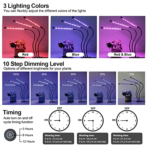 Grow Light Plant Lights for Indoor Plants, Clip-On Full Spectrum Plant Grow Lights, Auto ON & Off Timer 3/9/12H, Dimmable Brightness & 3 Light Modes (with AC Adapter)