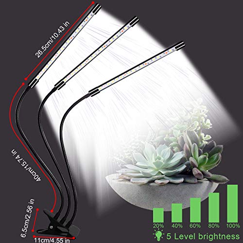 Plant Grow Light, 60 LED Grow Lamp with Full Spectrum for Indoor Plants, 3 Head Clip-on Plant Lights with 5 Levels Dimmable Brightness & 4/8/12H Timer for Succulent, Small Plants