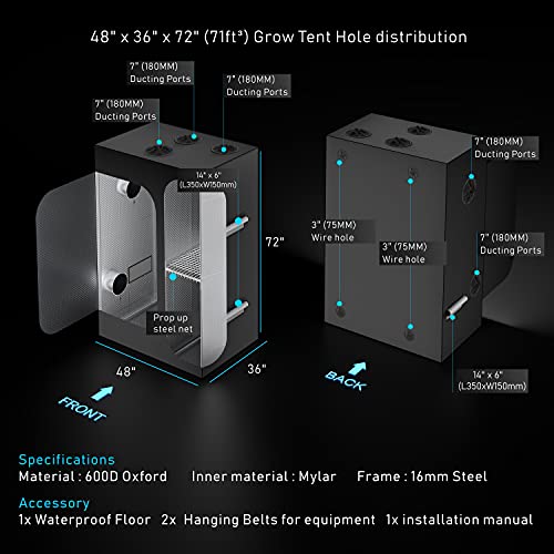 TopoGrow 2-in-1 48"X36"X72" Grow Tent 4'X3' Diamond Mylar Canvas Reflective Growing Tents Room Box House Lodge Propagation Flower Veg Indoor Plant Growing Hydroponics Growing System with Floor Tray