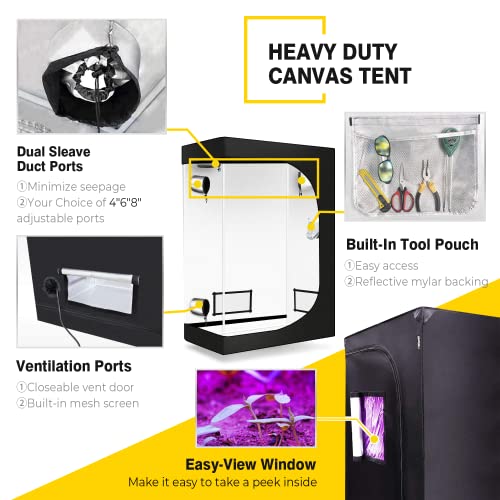 iPower 48"x24"x60" Mylar Hydroponic Water-Resistant Grow Tent with Observation Window and Removable Floor Tray for Plants Seedling, Propagation, Blossom, 2 x 4 ft